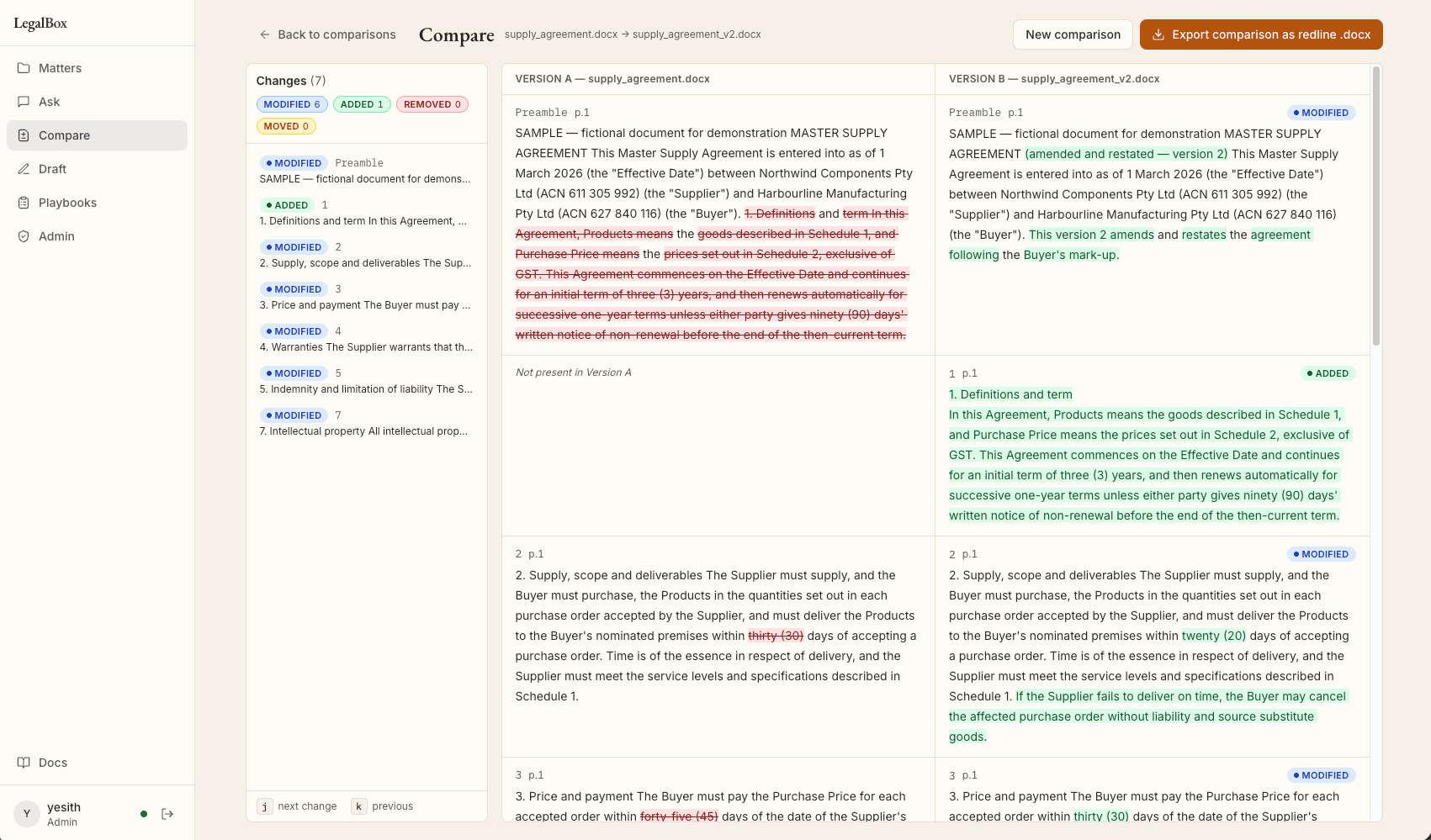 LegalBox Compare screen showing a clause-by-clause redline between two versions of a supply agreement.