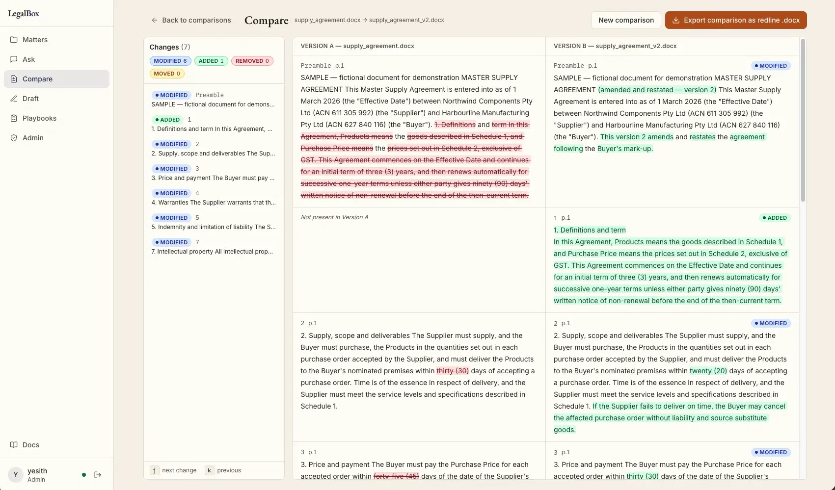 LegalBox Compare screen showing a clause-by-clause redline between two versions of a supply agreement.