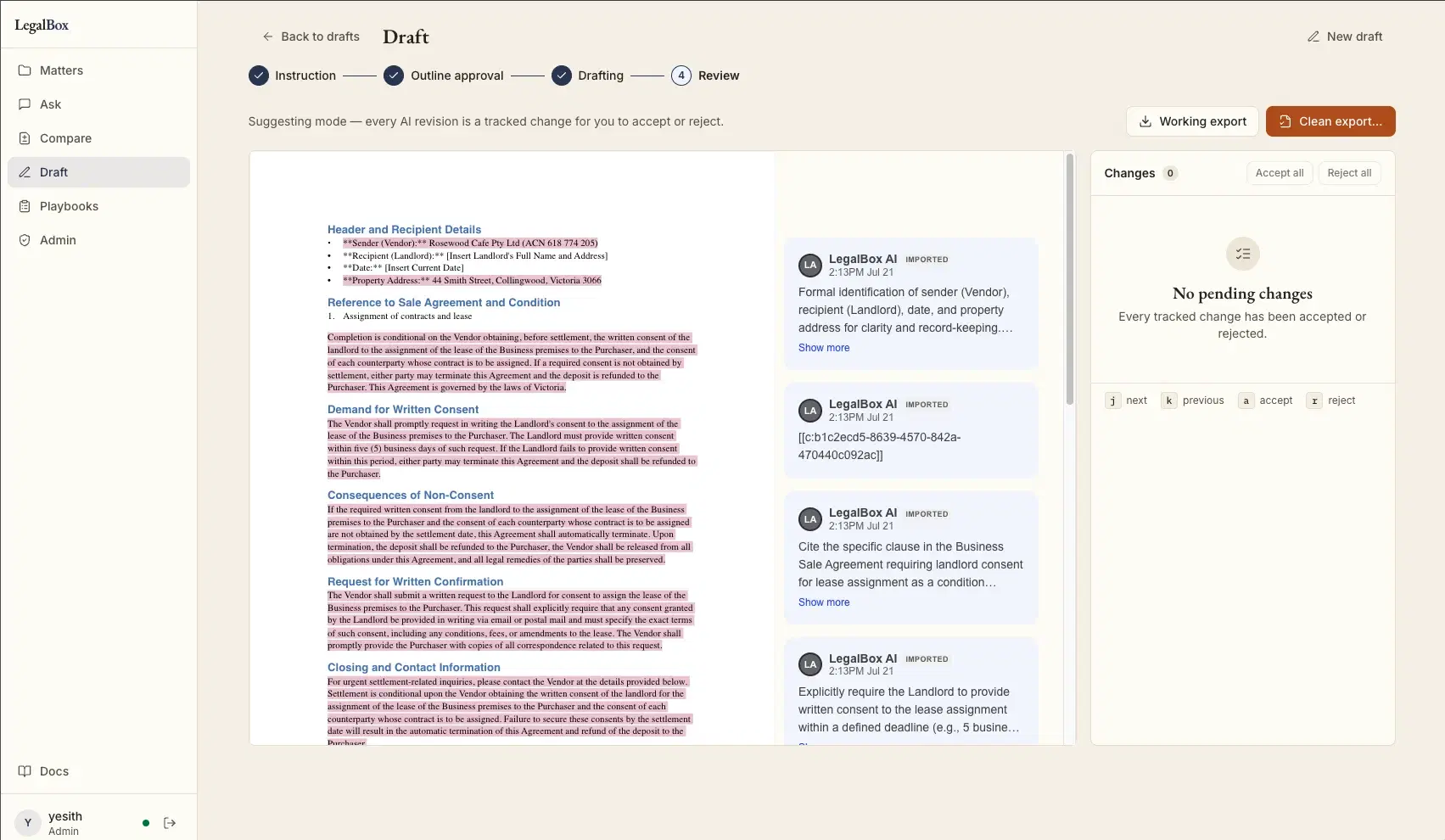 LegalBox Draft screen in suggesting mode, with AI revisions shown as tracked changes to accept or reject.