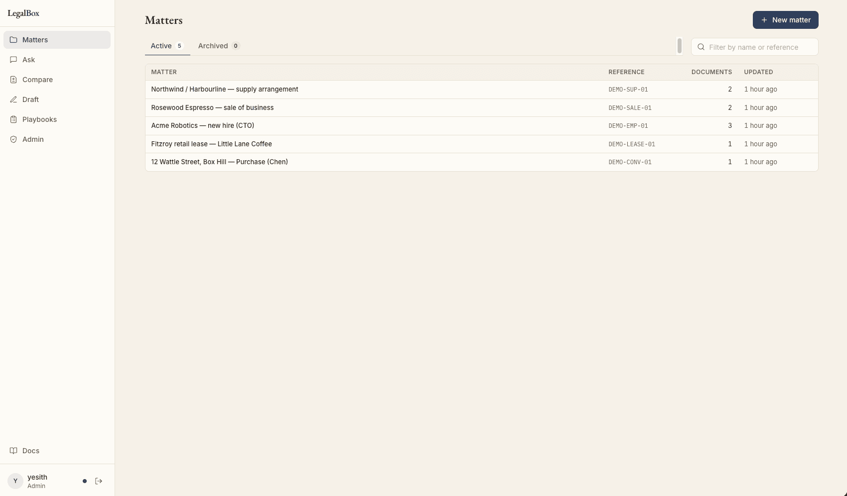 LegalBox Matters screen listing active matters with references, document counts and last-updated times.