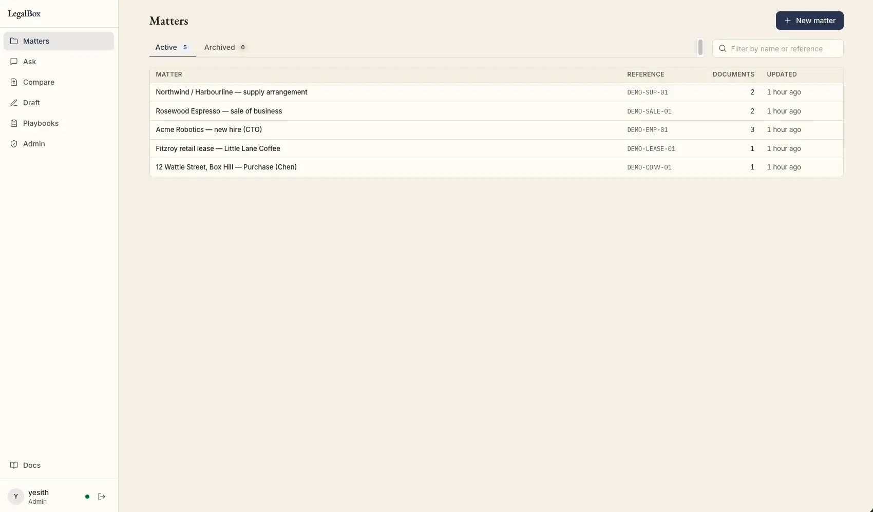 LegalBox Matters screen listing active matters with references, document counts and last-updated times.