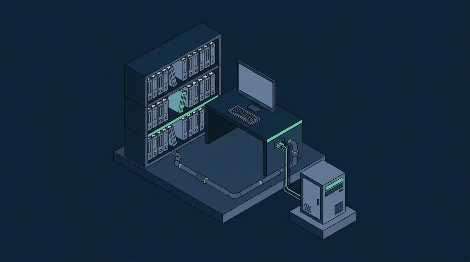 Isometric illustration of a law firm shelf of matter files and a desk connected to an on-premises server cabinet