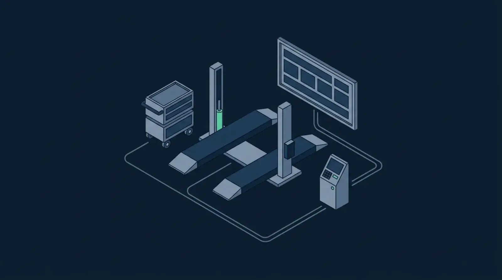 Isometric illustration of a mechanical workshop bay with a car hoist, tool trolley and job board linked to a booking terminal