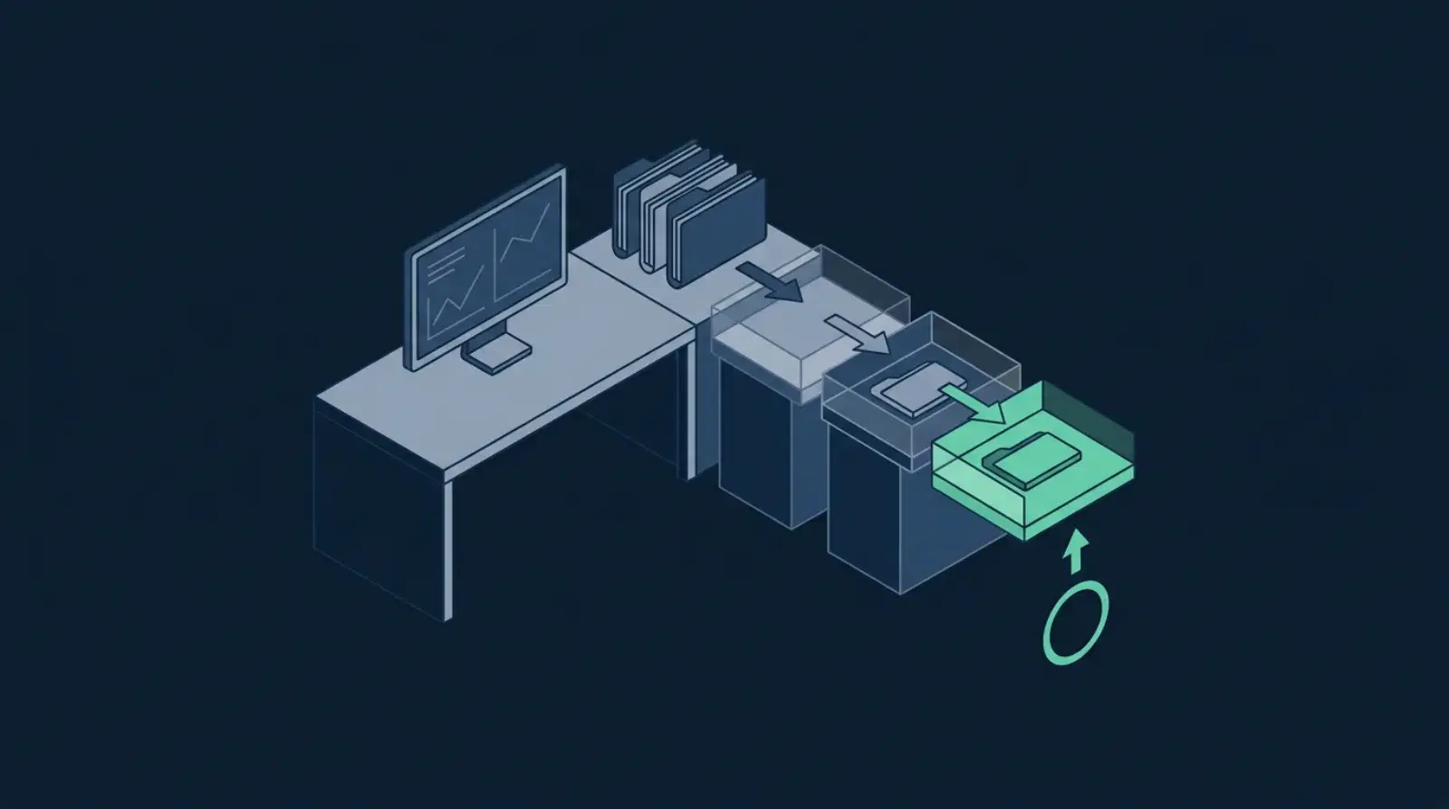 Isometric illustration of loan application folders feeding through a multi-stage automated approval pipeline