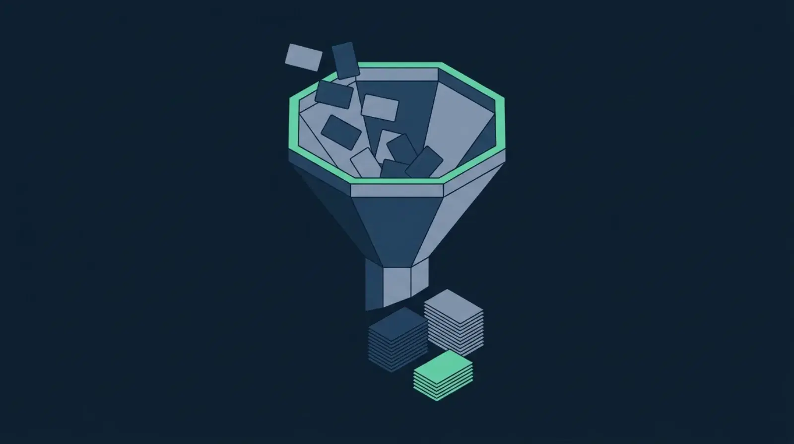 Isometric illustration of a recruitment funnel sorting candidate cards into neat shortlisted stacks