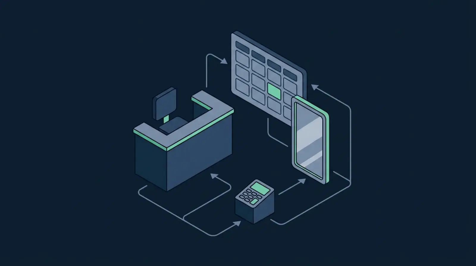 Isometric illustration of a salon reception counter, styling chair and appointment board connected to an automated booking terminal