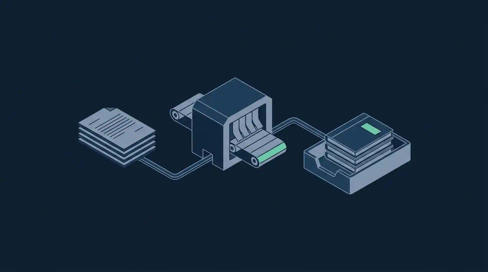 Isometric illustration of invoices passing through a processing unit into a reconciled ledger tray, representing automated Xero invoicing