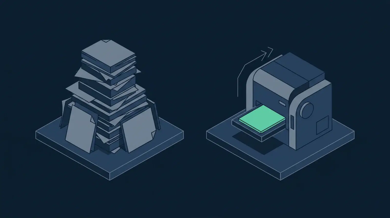 Isometric side-by-side comparison of a tall untidy stack of manual paper quotes against a compact automated unit producing one clean quote