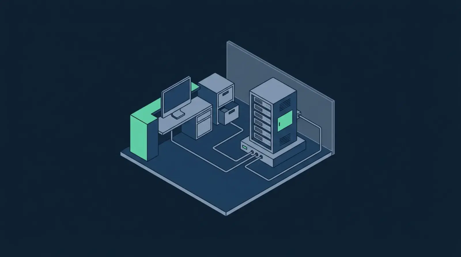 Isometric illustration of a clinic reception desk connected to an onshore server cabinet, with data lines turning back at a jurisdictional boundary