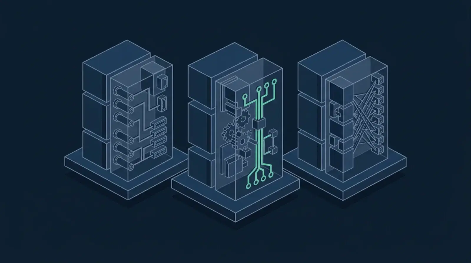 Isometric illustration of three modular automation units side by side with different internal connector arrangements, comparing Make, n8n and Zapier