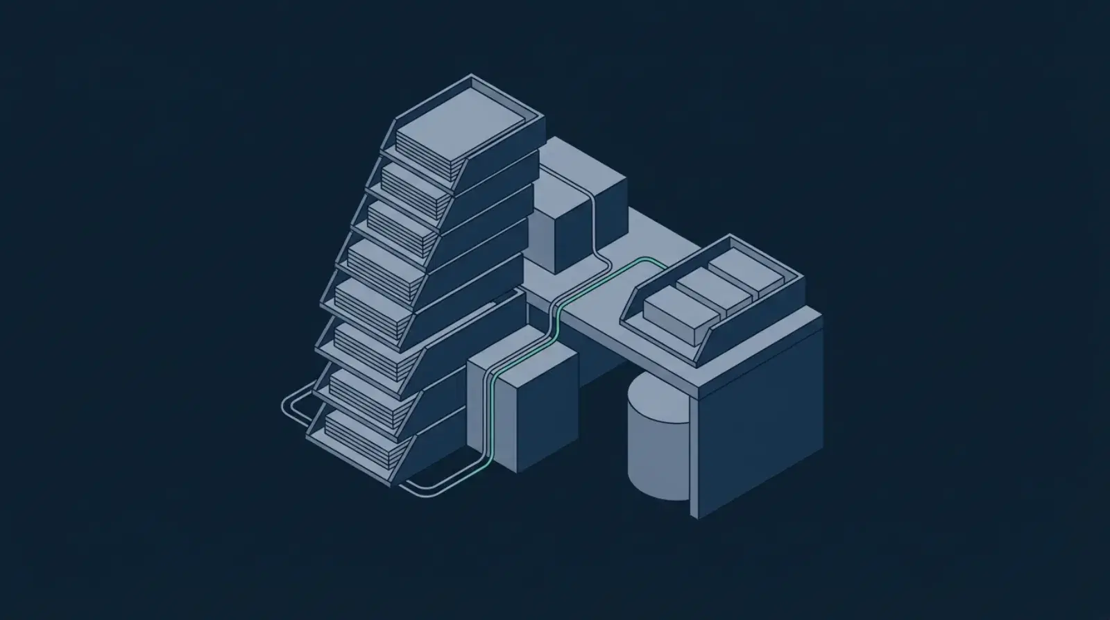 Isometric illustration of a tall stack of paper trays reducing stepwise across a desk into a single small tray, representing hours saved each week
